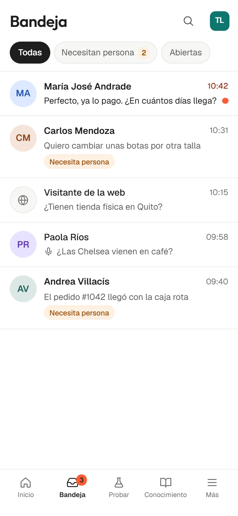 Bandeja de conversaciones en el celular