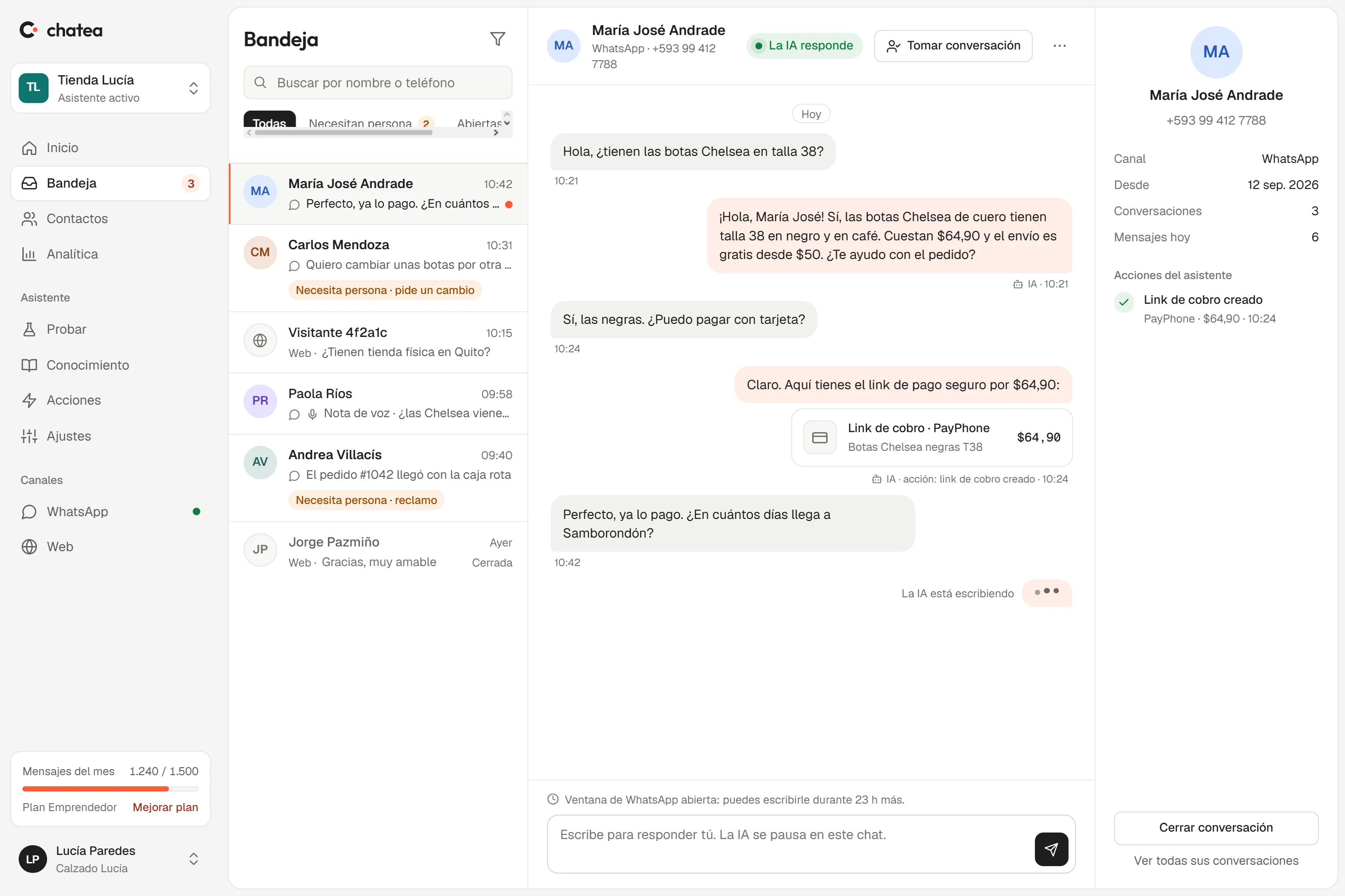 Bandeja de conversaciones: la IA responde y crea un link de cobro