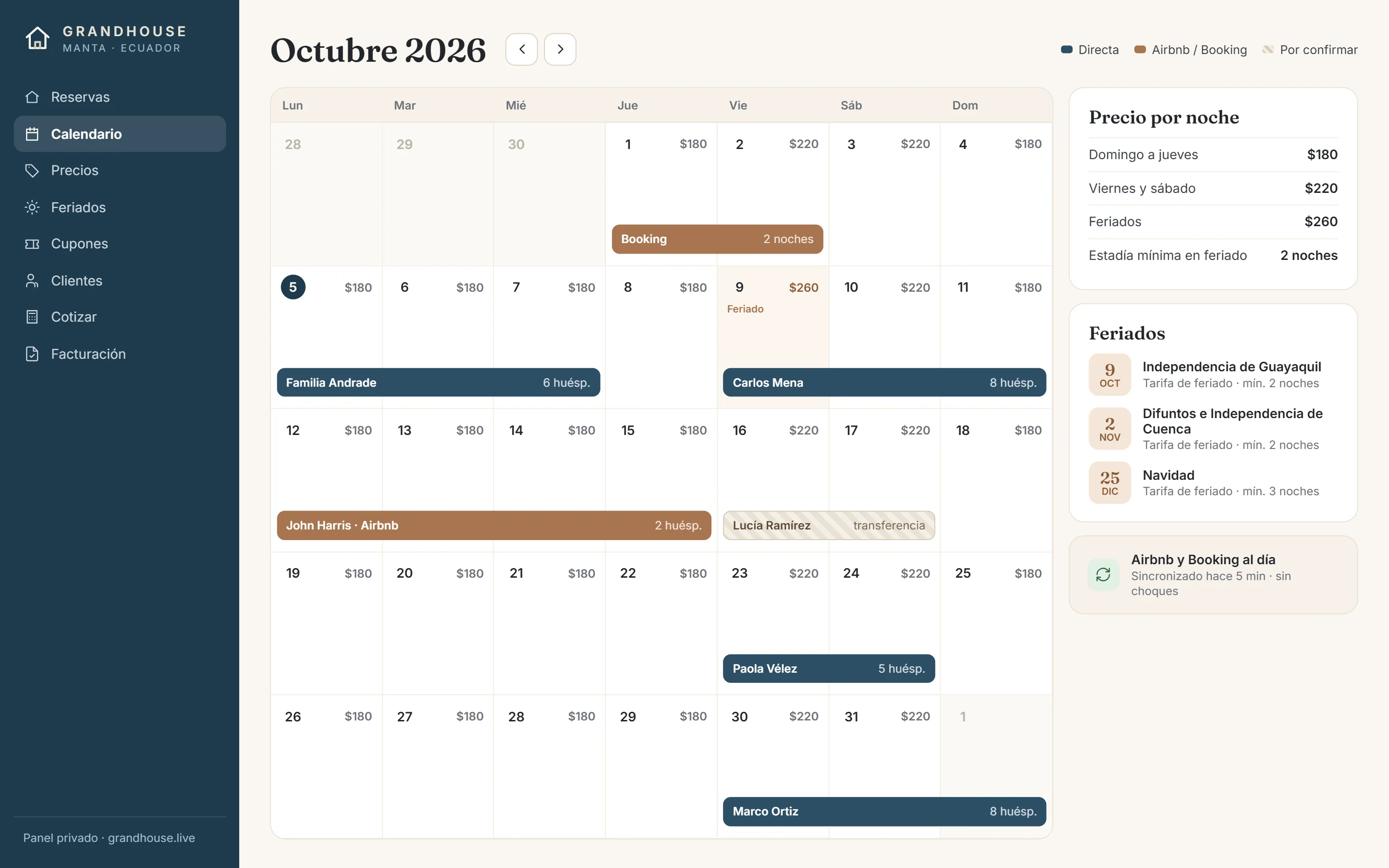 Calendario del mes con precio por noche, feriados y reservas de cada canal