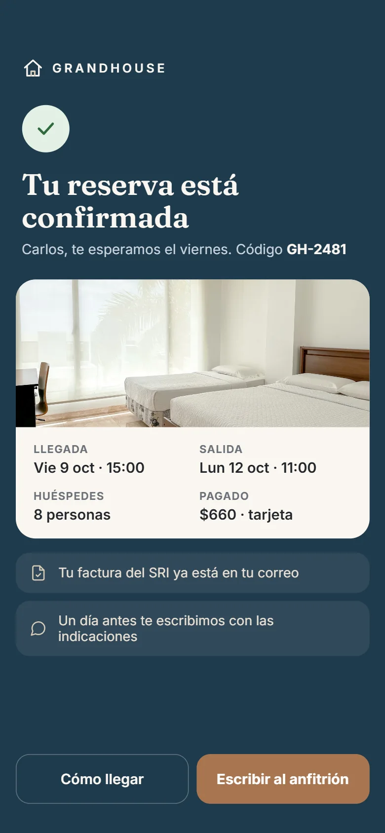 Reserva confirmada en el celular