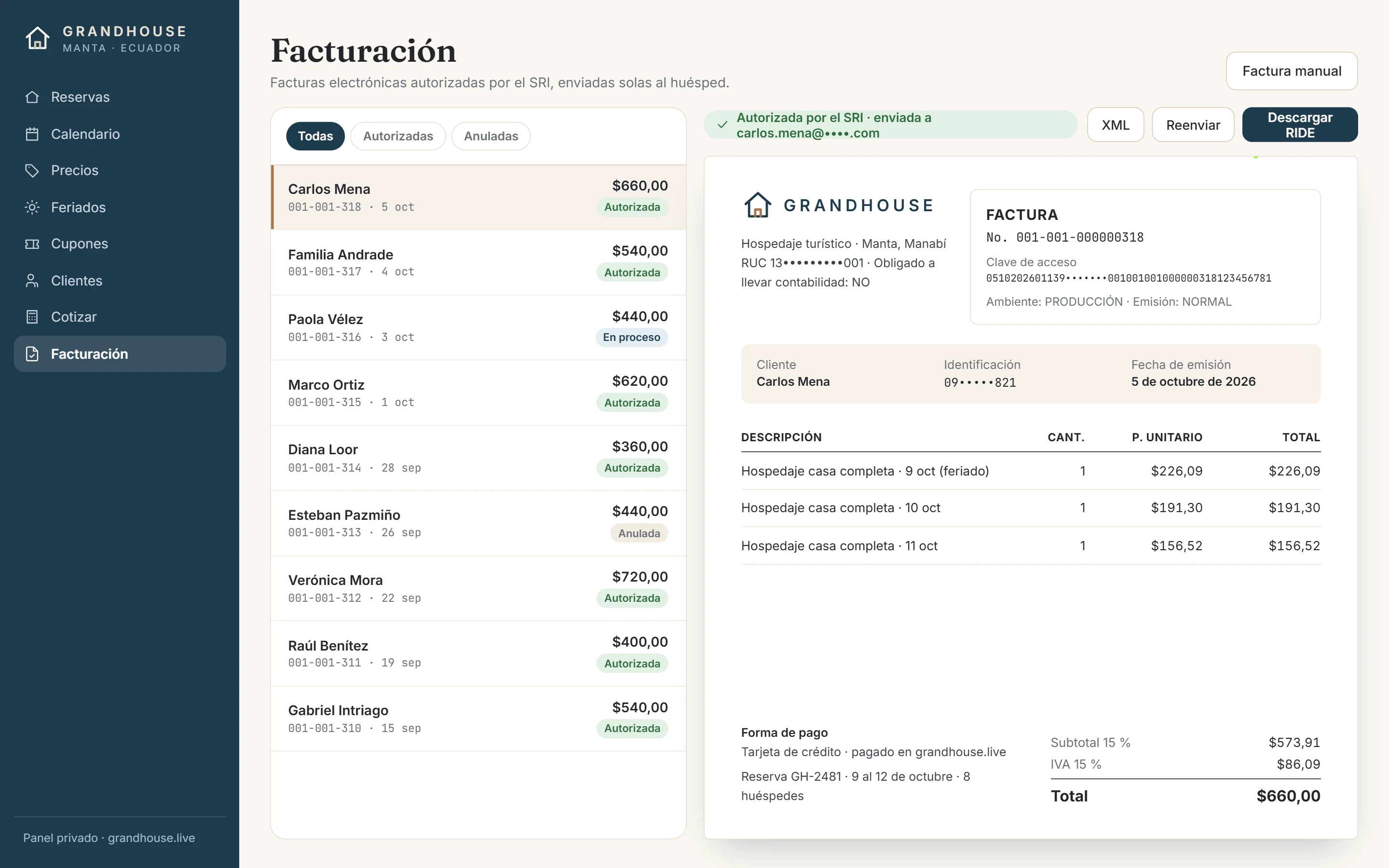 Factura electrónica autorizada por el SRI de una reserva