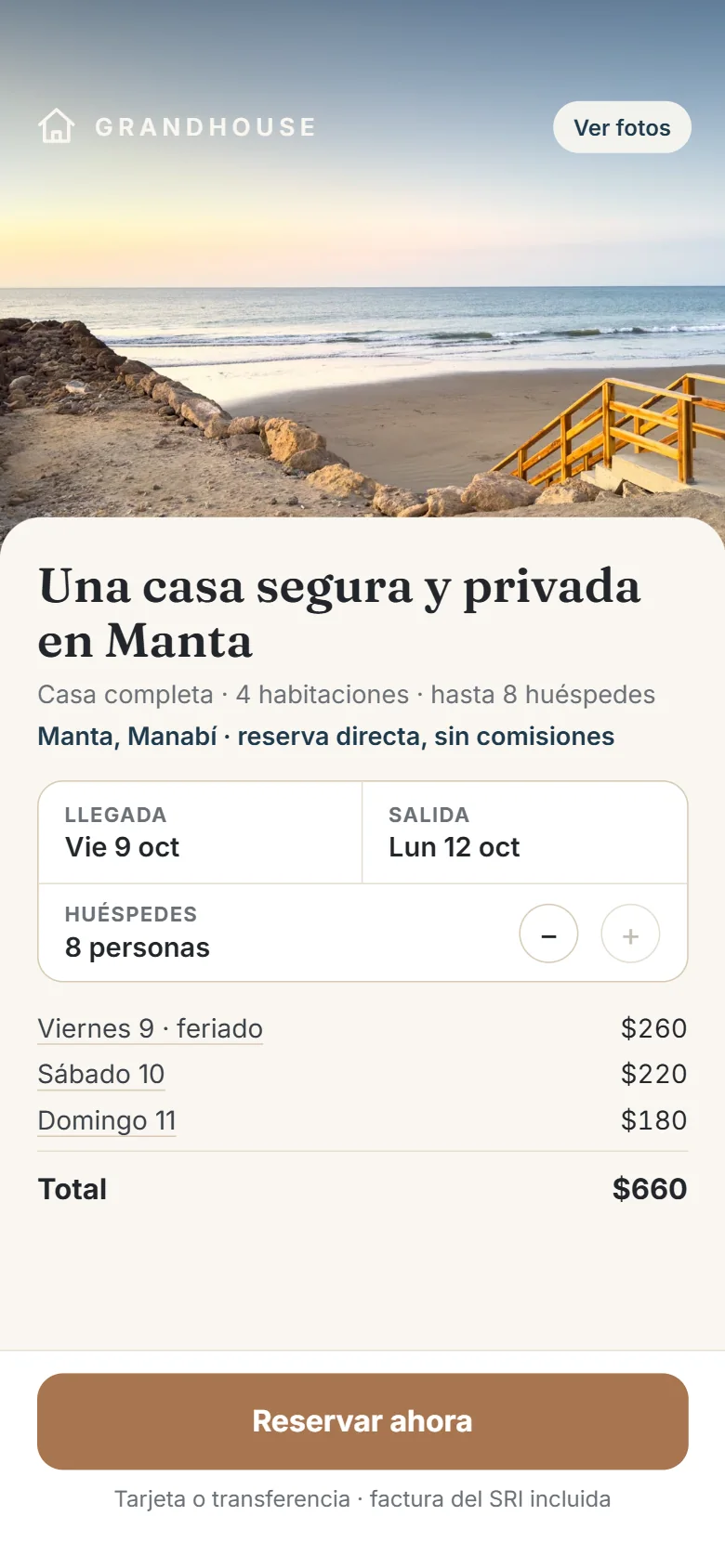 Reserva directa desde el celular con el detalle por noche