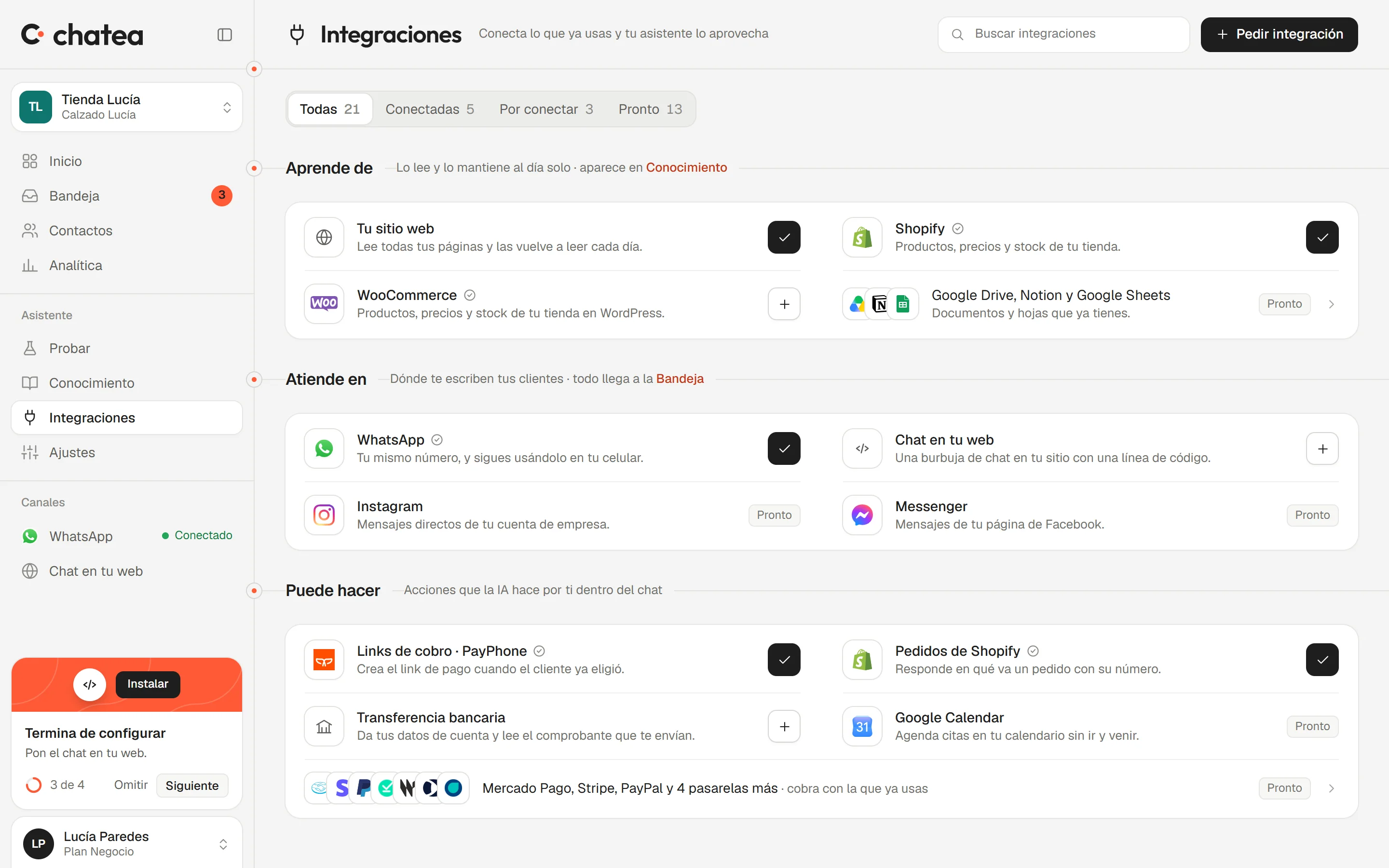 Integraciones de Chatea: aprende de la web y de Shopify, atiende en WhatsApp y en la web, cobra con PayPhone y consulta pedidos